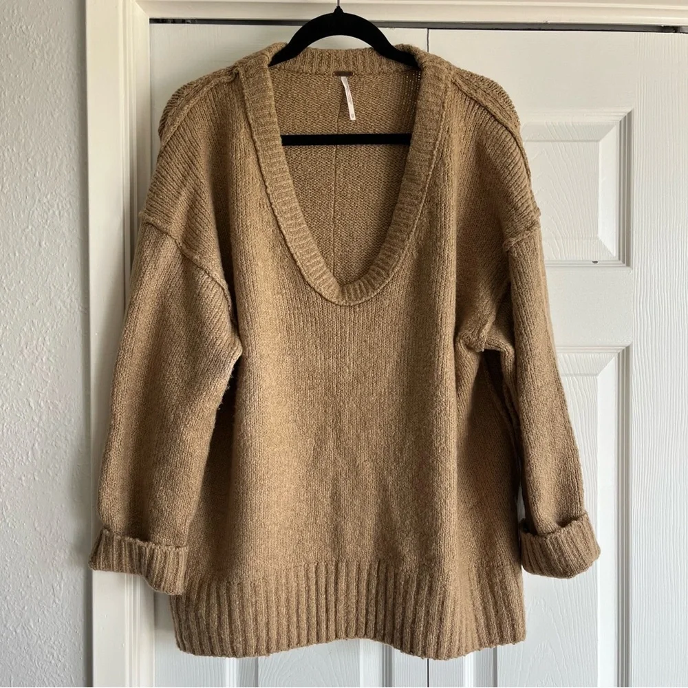 Free People Brookside Tunic Sweater Camel Tan Knit Oversized Sweater